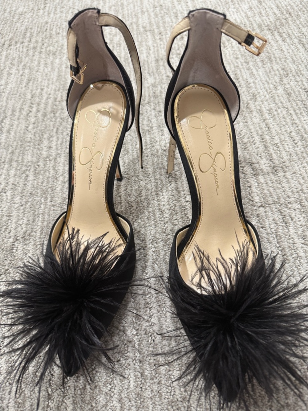 Jessica Simpson Black Feather Pom Pom Ankle Strap Heels
